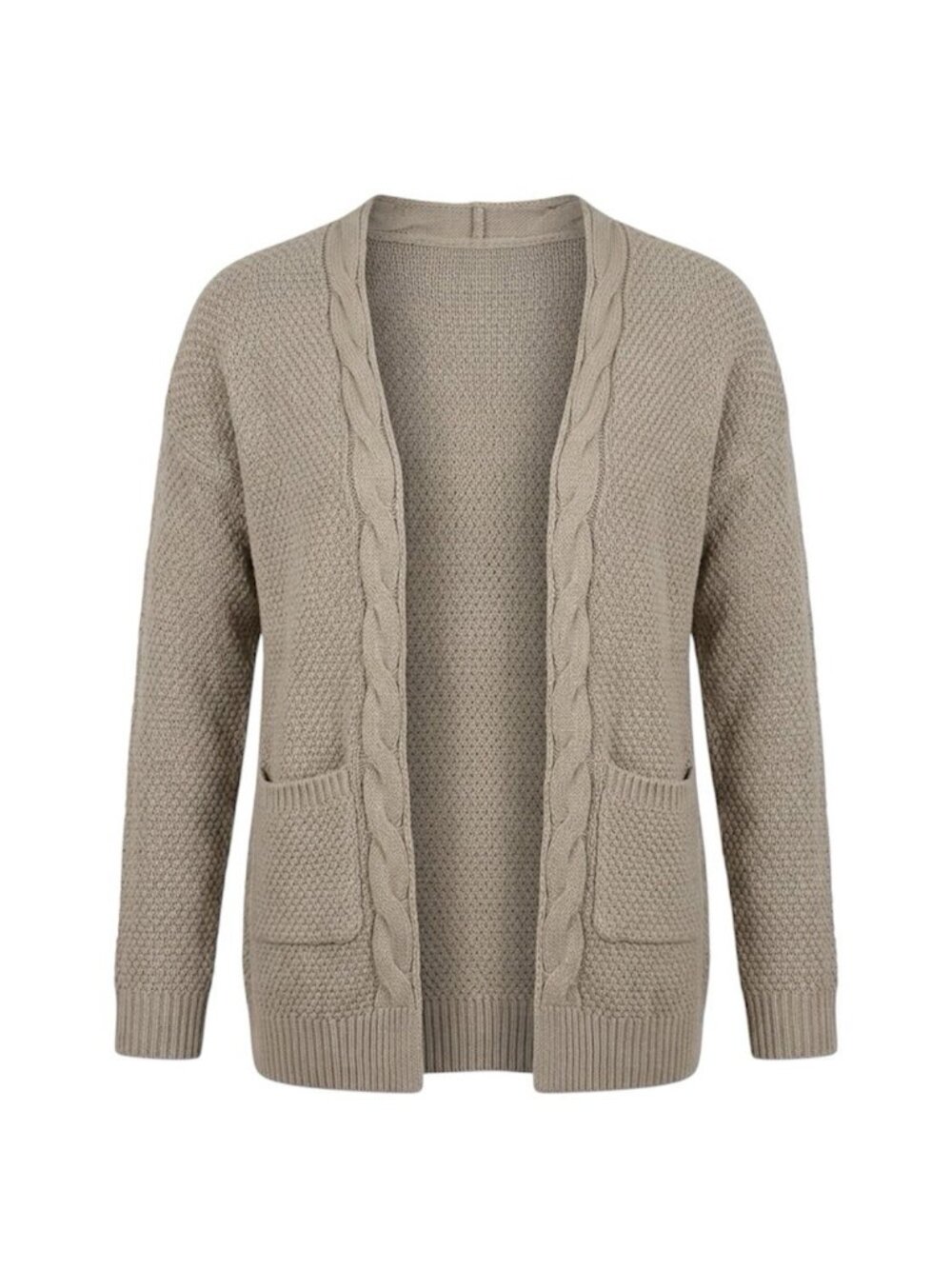 Women Khaki Cable Knit Cardigan Sweater Size L Open Front Pocket Casual Lounge